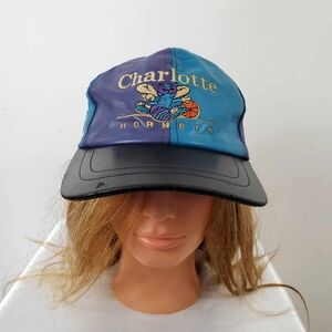 Vintage 90s Snapback Leather Charlotte Hornets Colorblock Cap made in USA